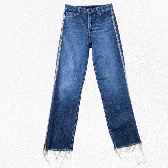 J Brand Medium Jules High Rise Rhinestone Stripe Straight Crop Jeans Size 26 - Picture 2 of 11